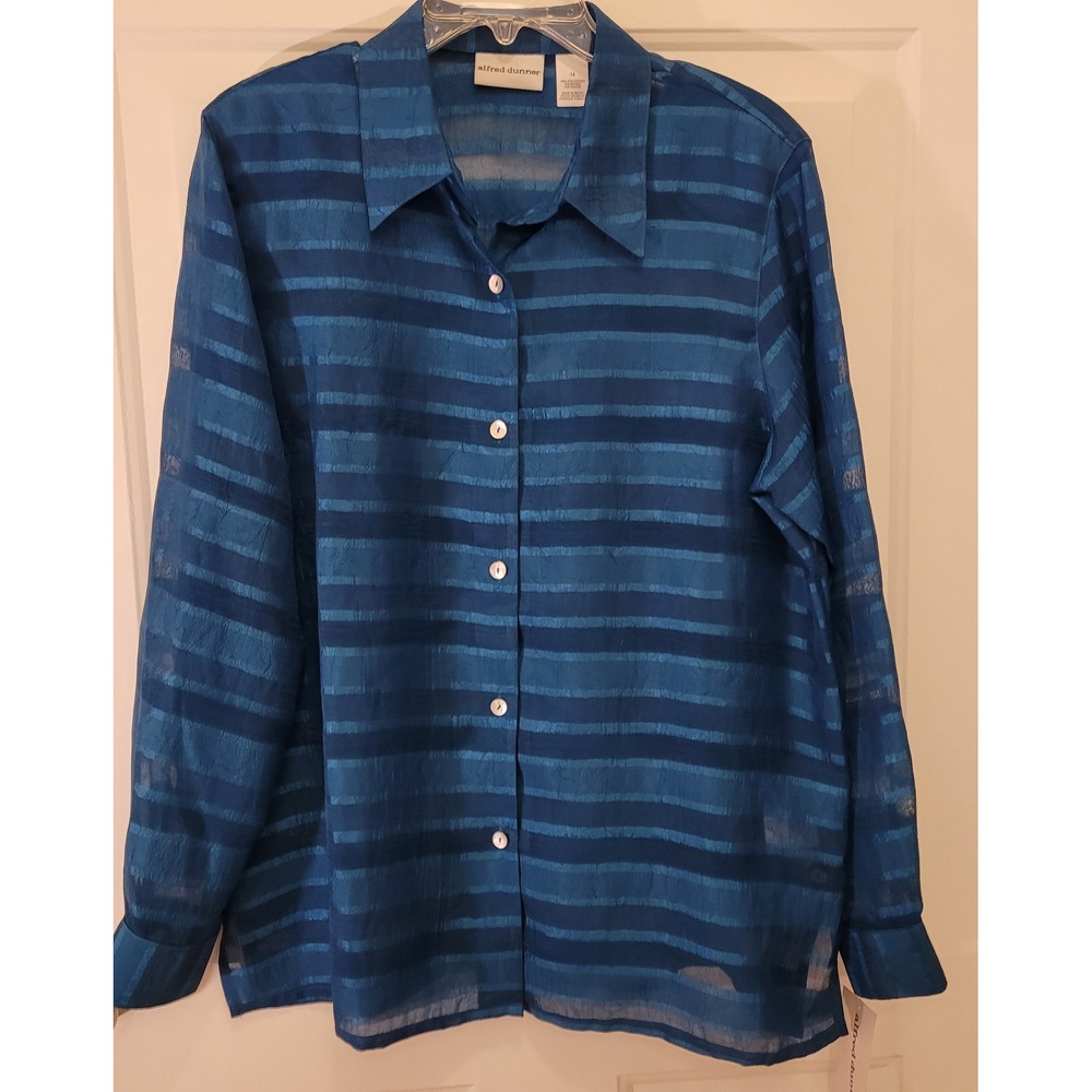 NWT Alfred Dunner Women's Blue Striped Sheer Long Sleeve Button Up Shirt Size 14 - Picture 2 of 9